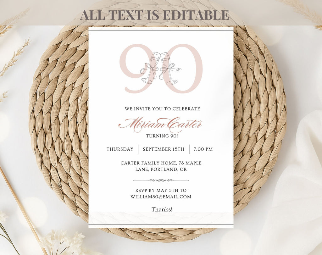 Elegant Blush Pink 90th Birthday Invitation