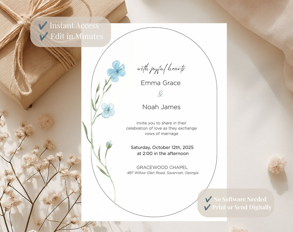 Blue Wildflower Wedding Invitation Template | Editable Minimalist Floral Wedding Invite