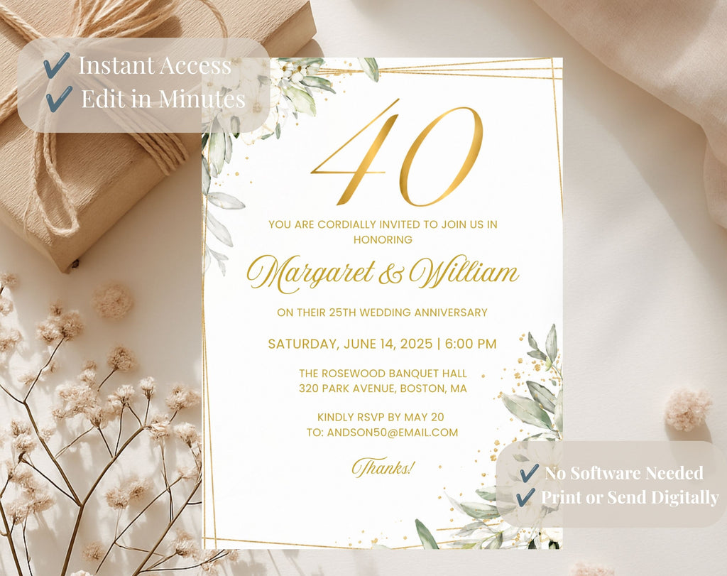 White Gold Floral 40th Wedding Anniversary Invitation