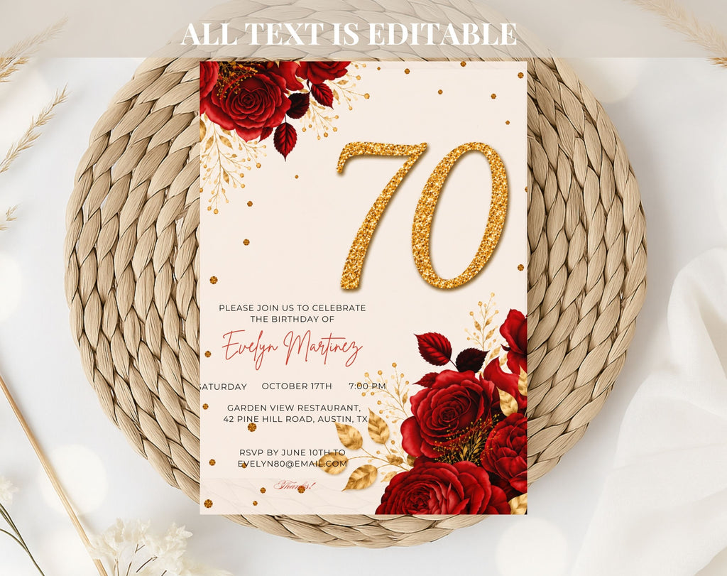 Elegant Red Rose 70th Birthday Invitation