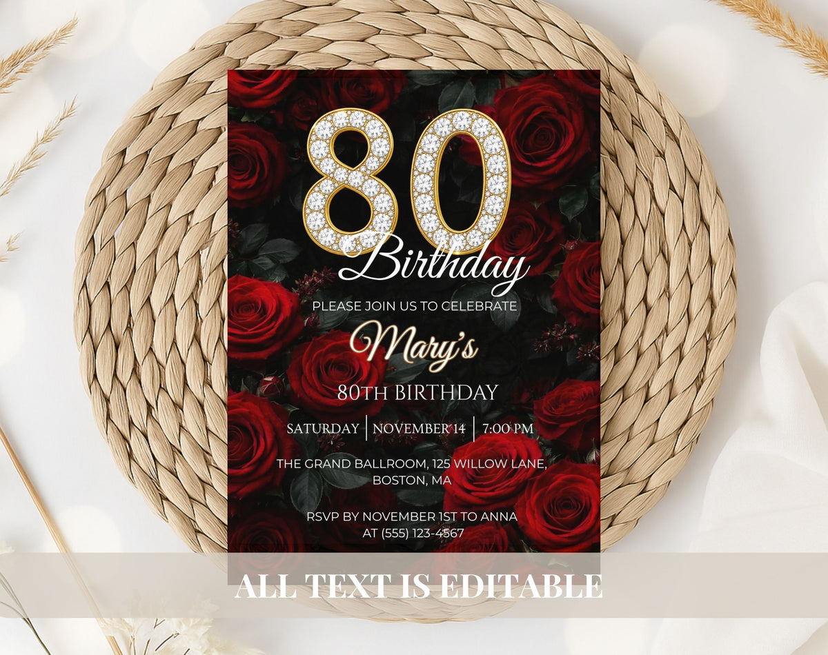 Luxury Red Rose 80th Birthday Invitation