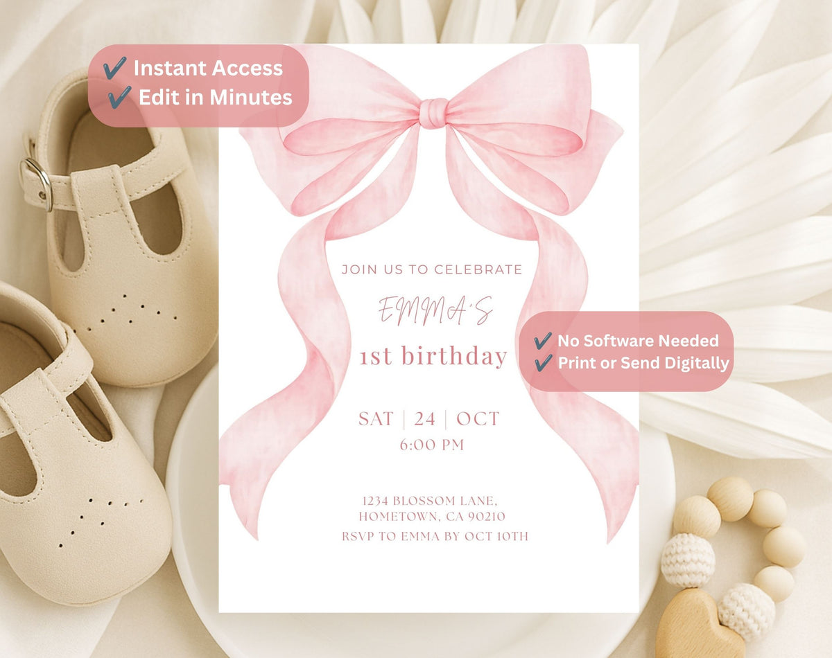 Pink Bow First Birthday Invitation