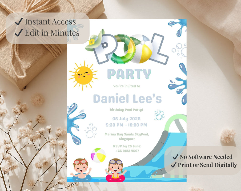 Blue Green Pool Party Kids birthday Invitation