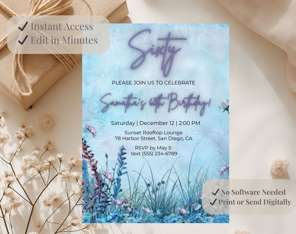 Blue Floral Elegant 60th Birthday Invitation