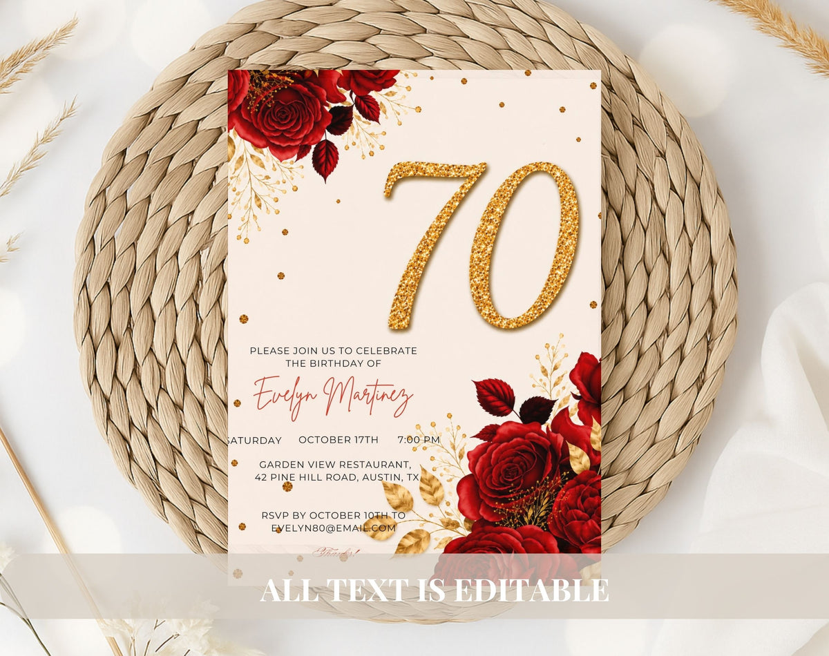 Elegant Red Rose 70th Birthday Invitation