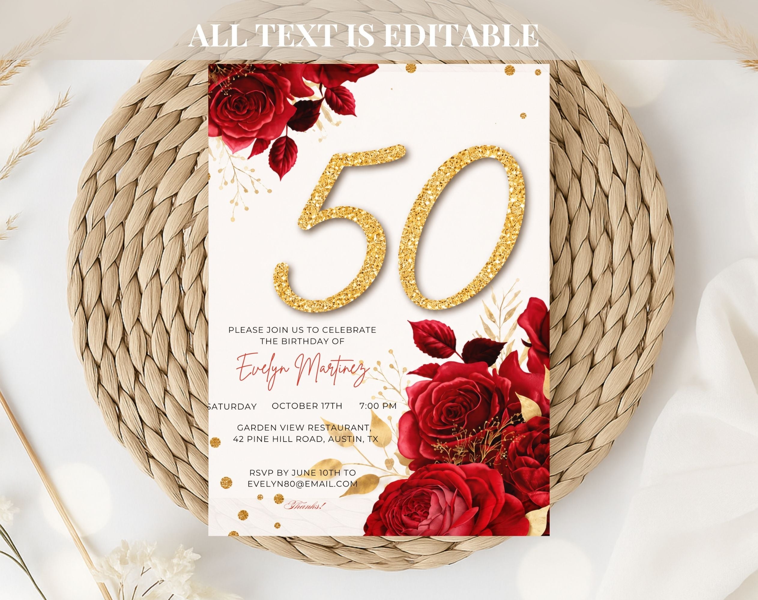 Red Rose Gold 50th Birthday Invitation