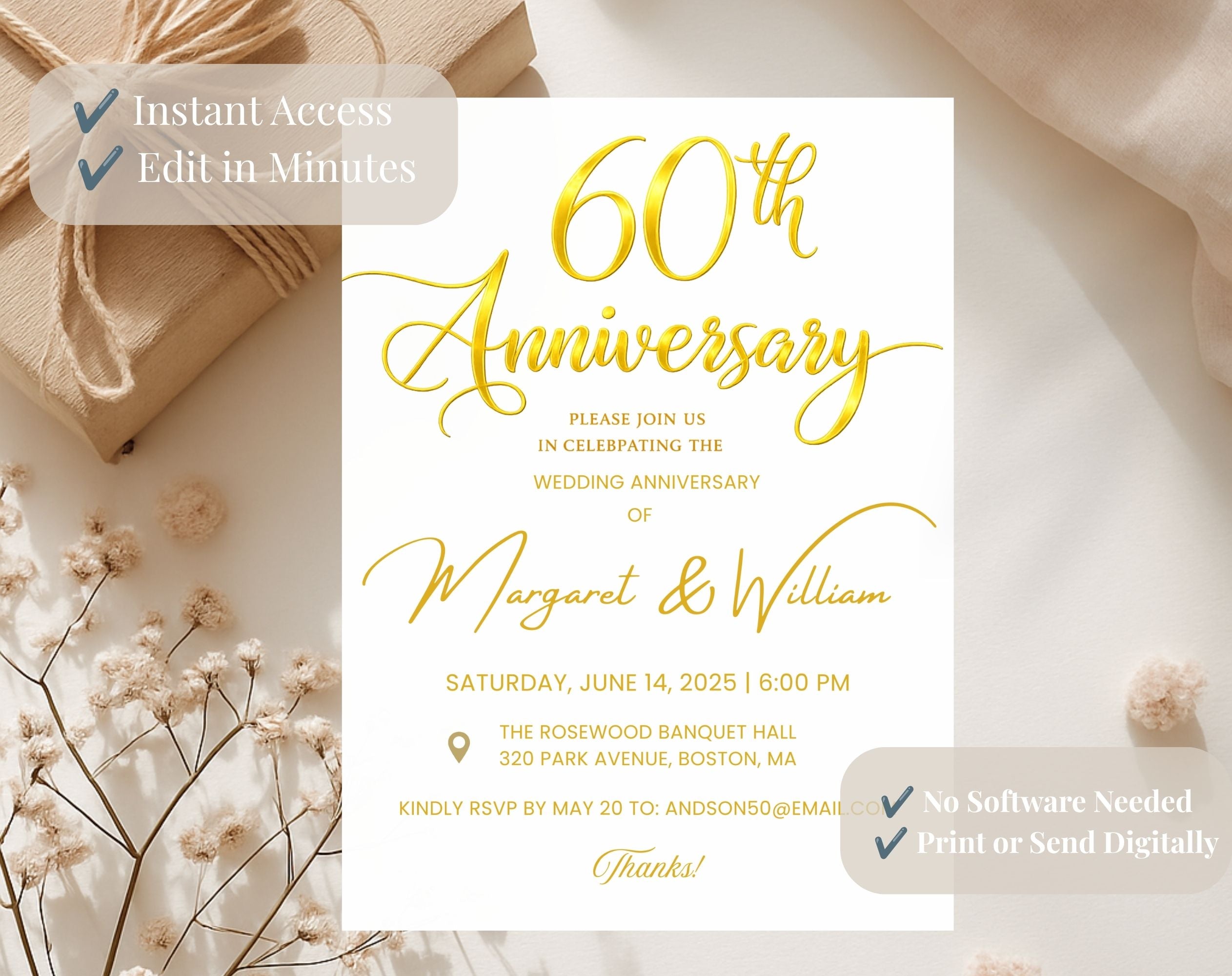 Golden 60th  Wedding Anniversary Invite White Gold