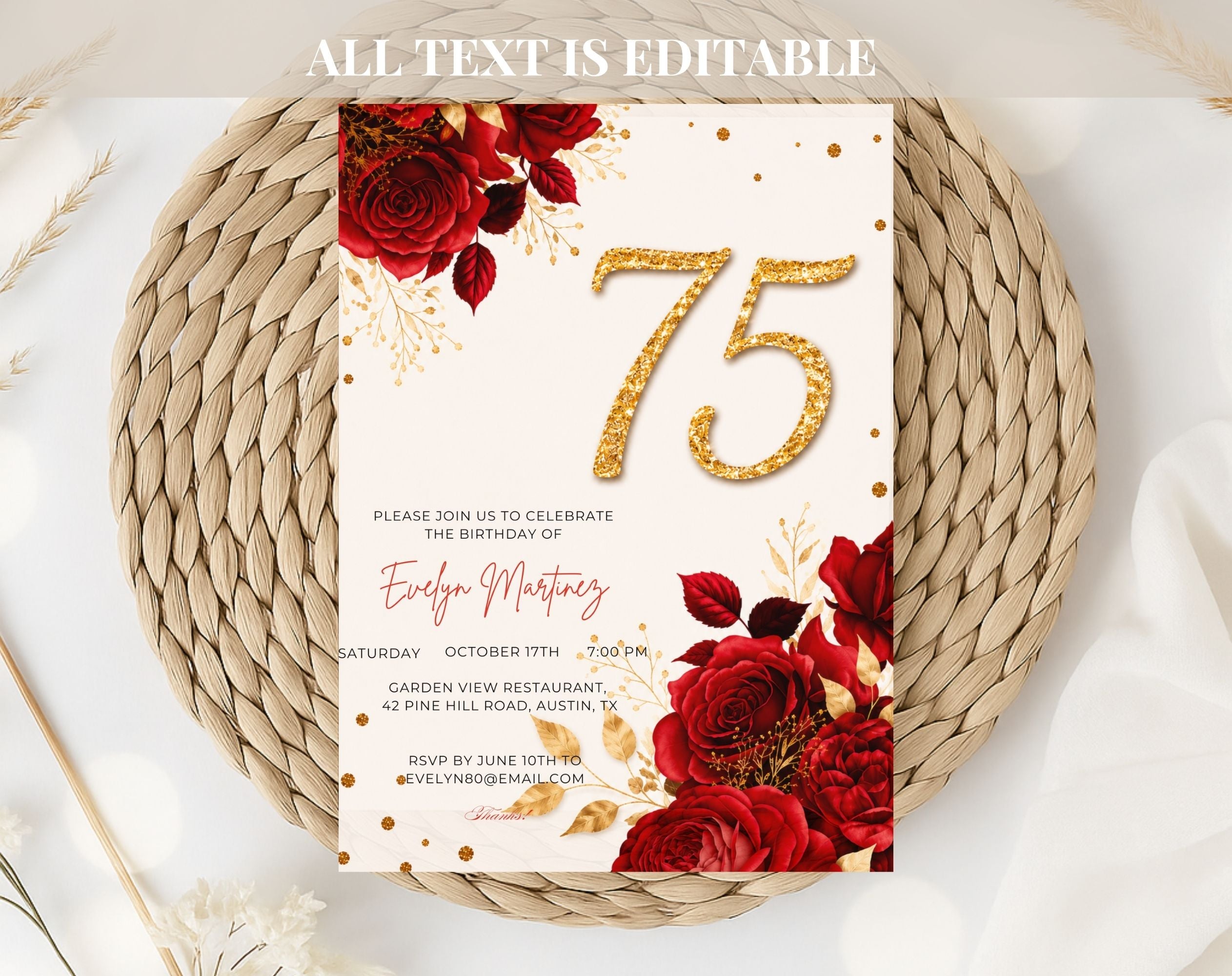Elegant Red Rose 75th Birthday Invitation