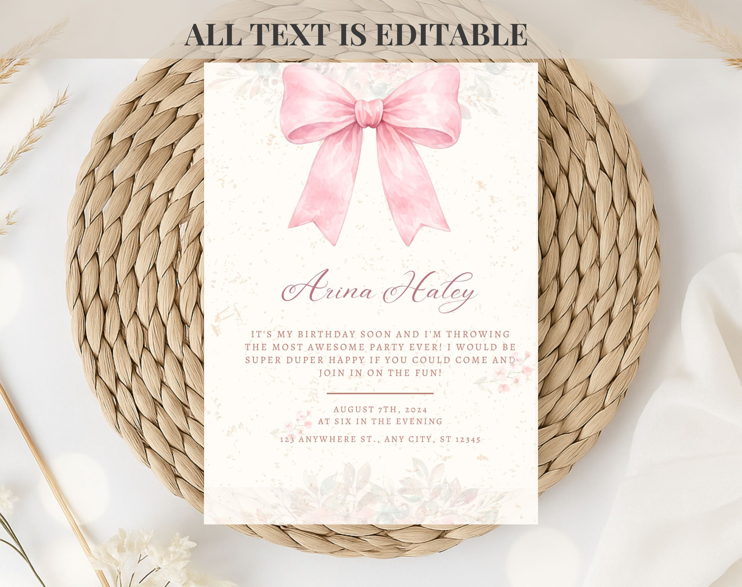 Pink Bow Birthday Invitation
