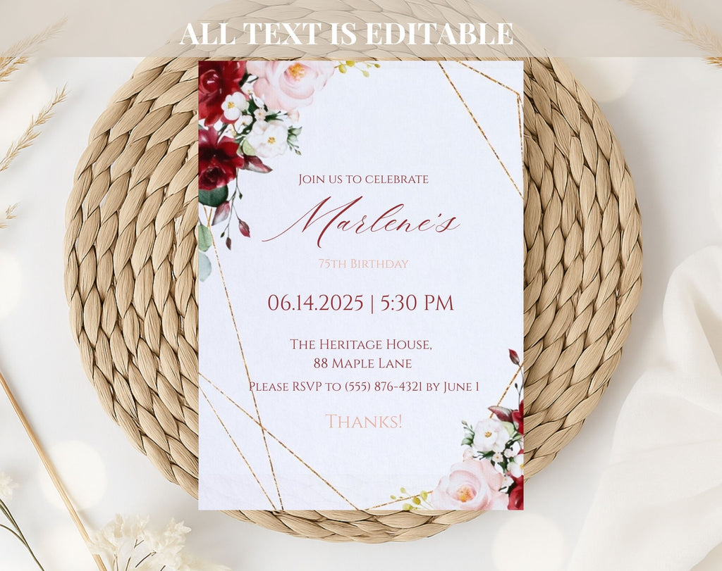 Burgundy Floral 75th Birthday Invitation