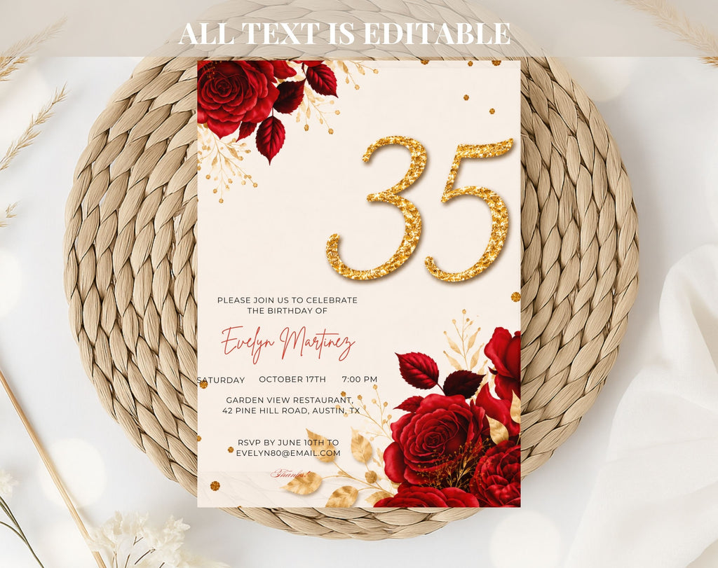 Elegant Red rose 35th Birthday Invitation