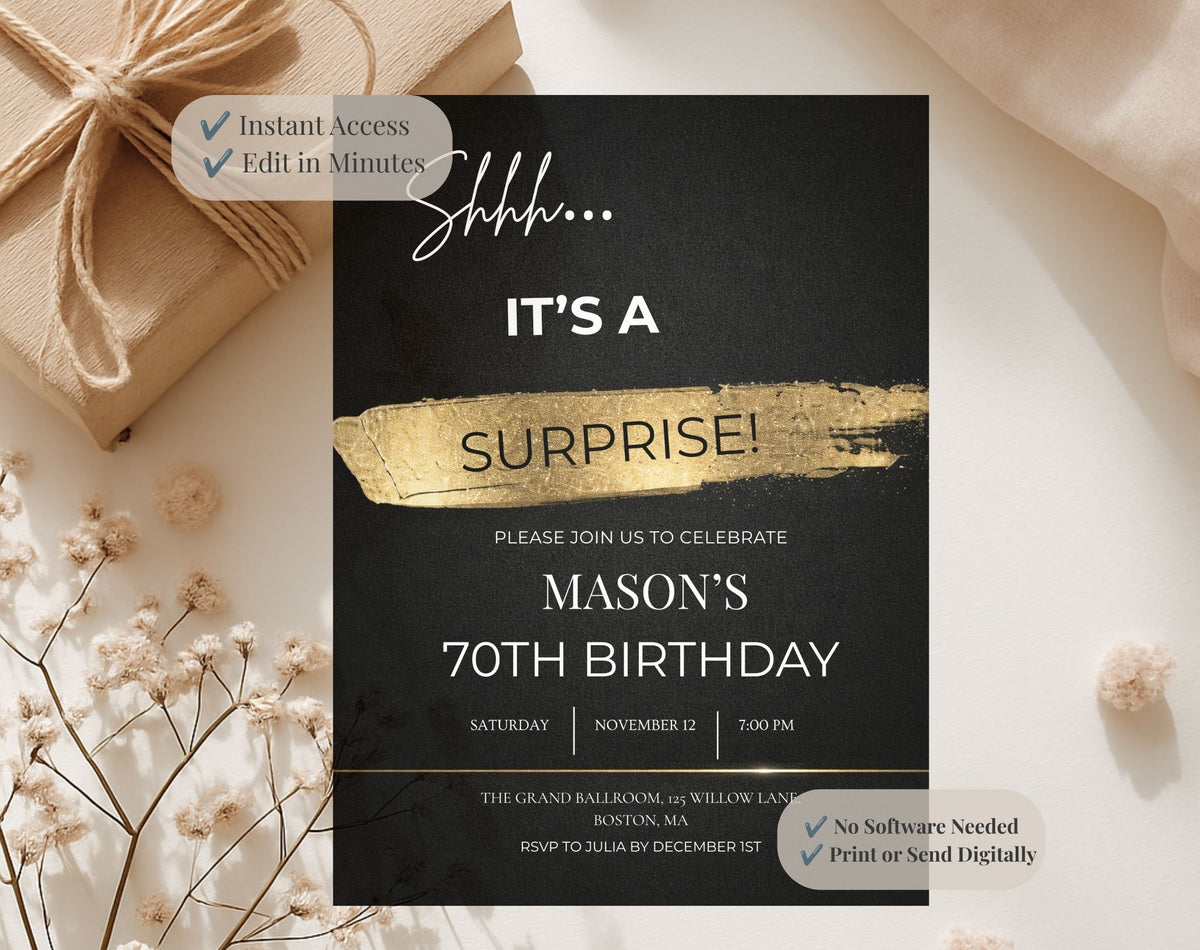 70th Black and Gold Birthday Party Invitation
