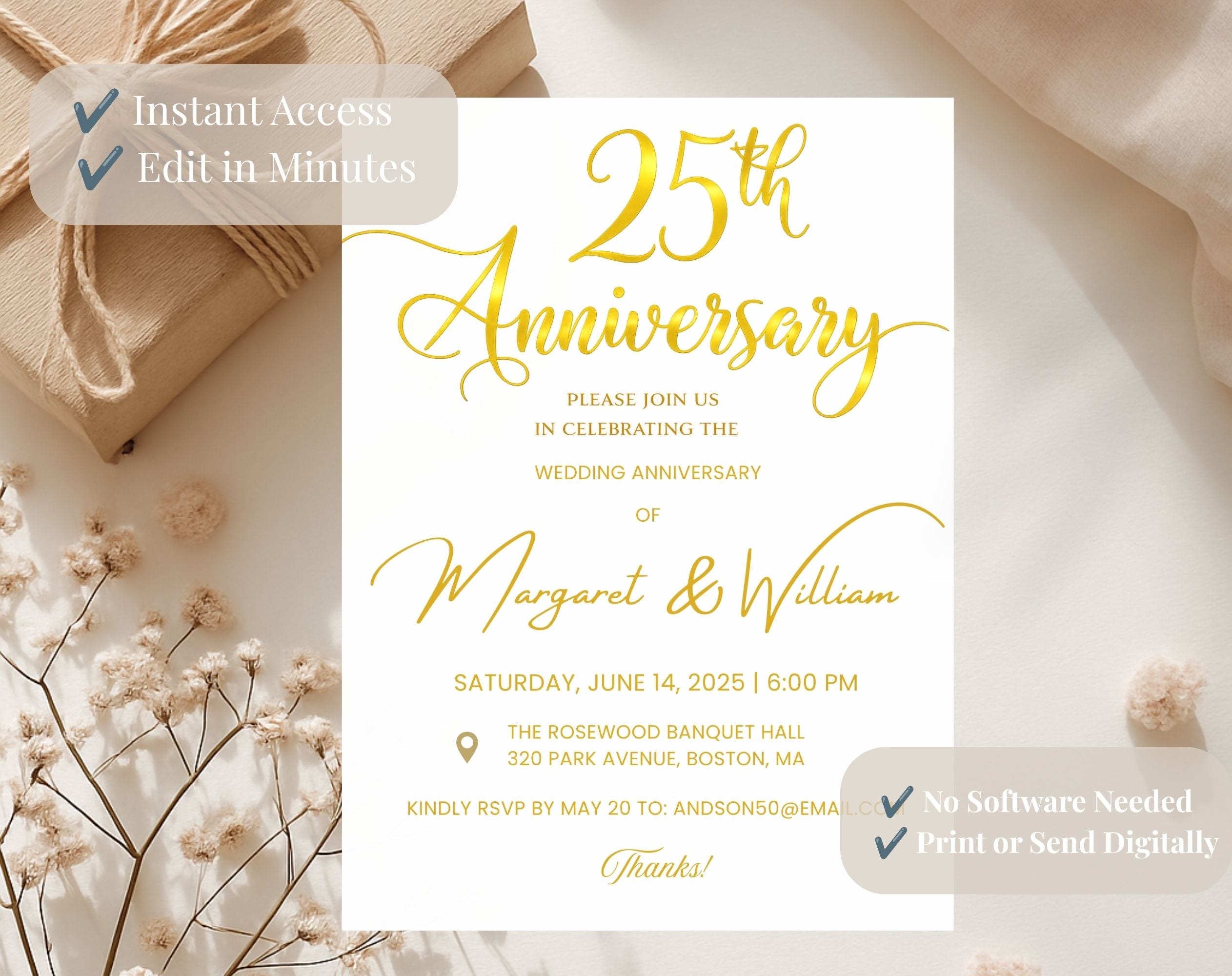 Golden 25th  Wedding Anniversary Invite White Gold