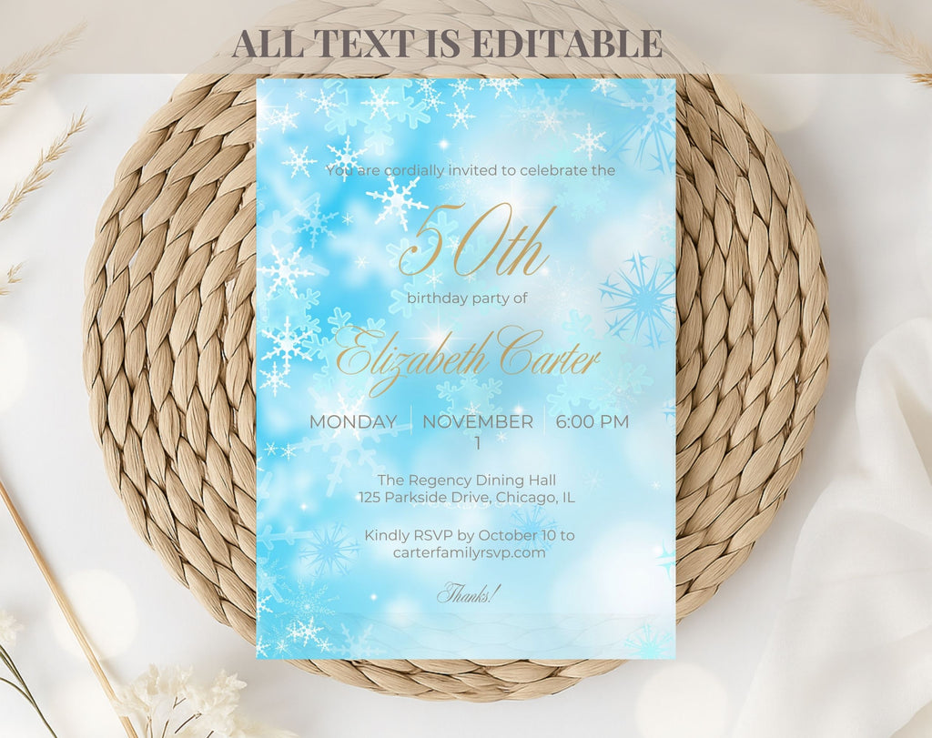 Winter Birthday Invitation Blue Snowflake 50th Party Invite Editable Template Evite Instant Download