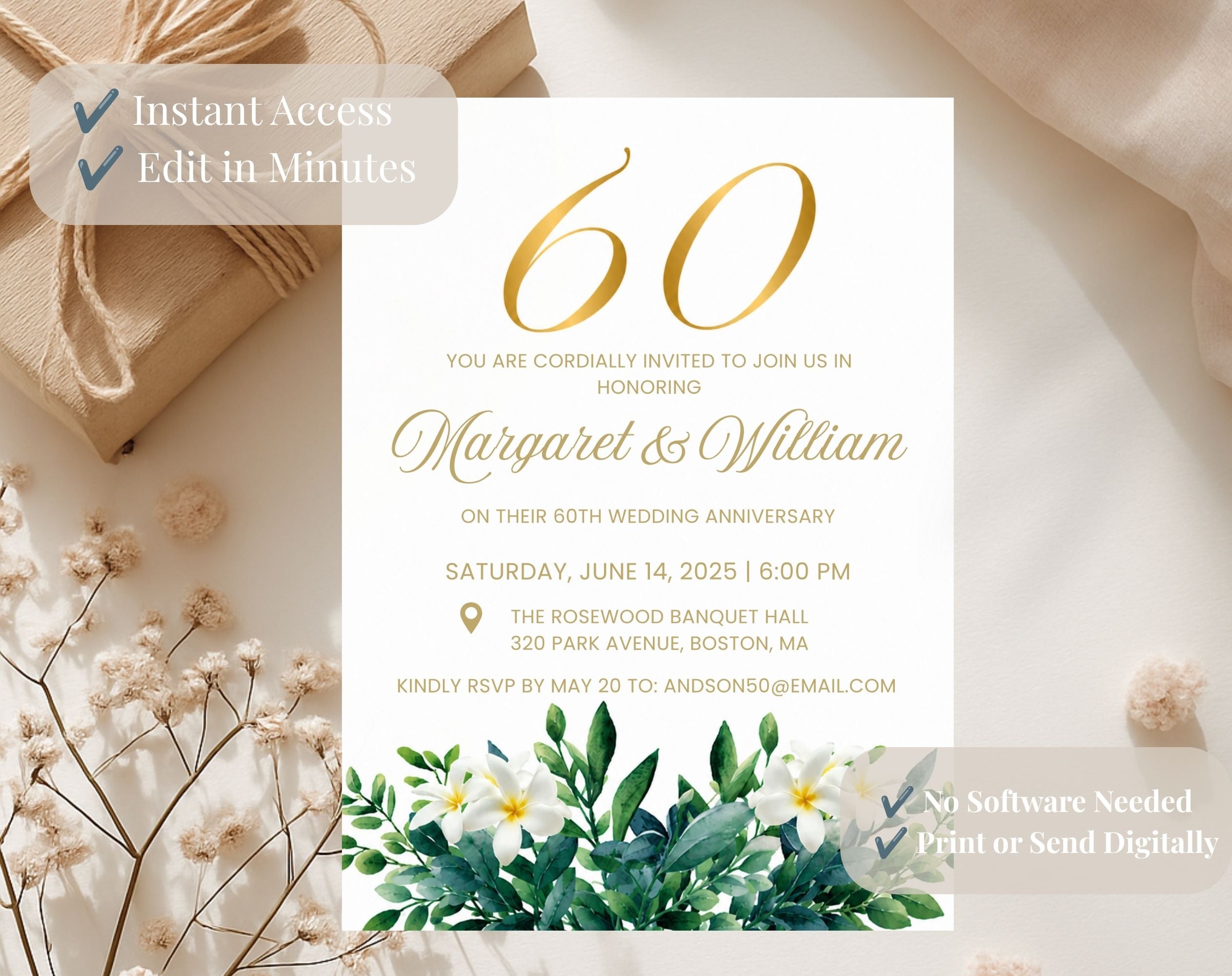 60th White Gold Wedding Anniversary Invitation