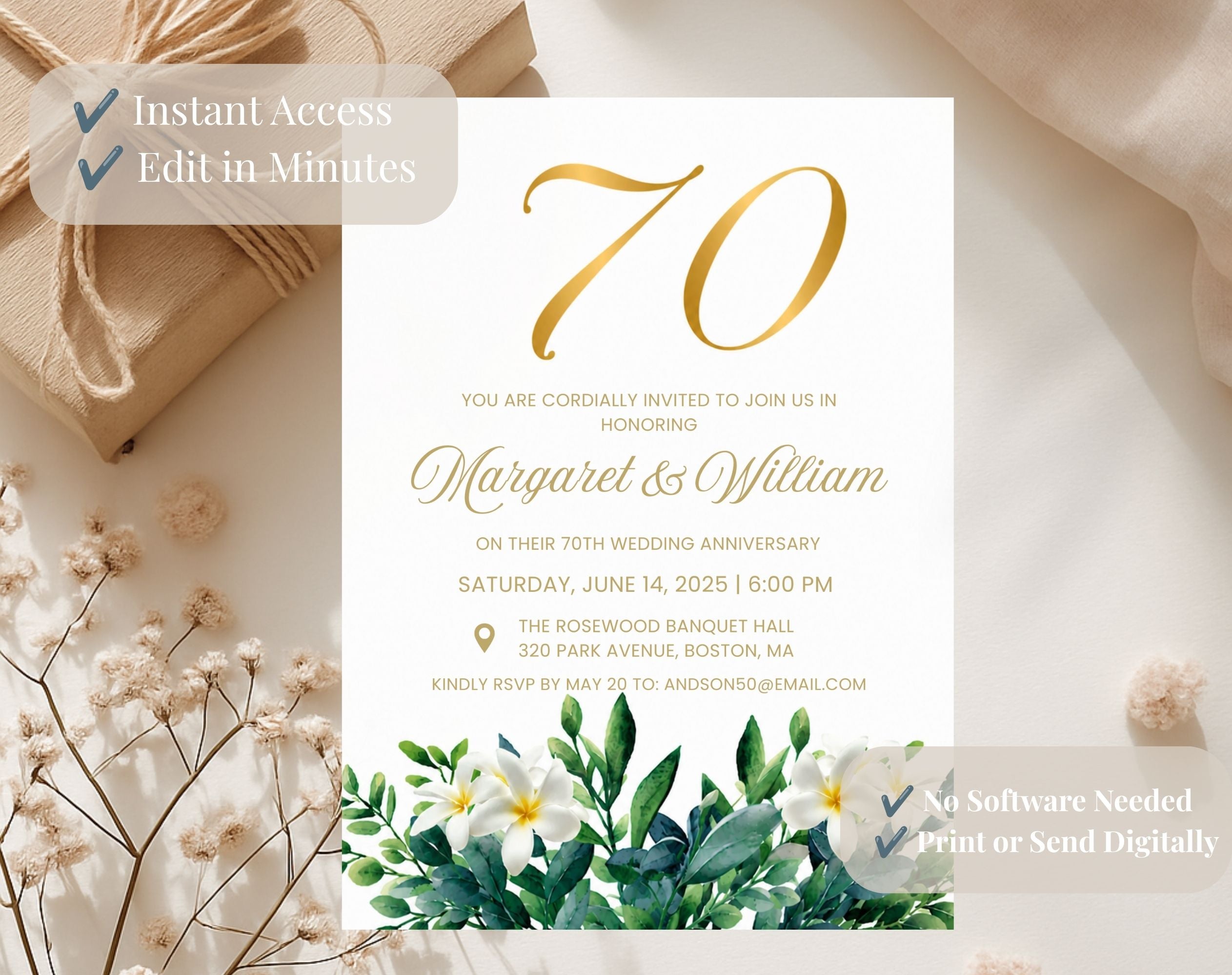 70th White Gold Wedding Anniversary Invitation
