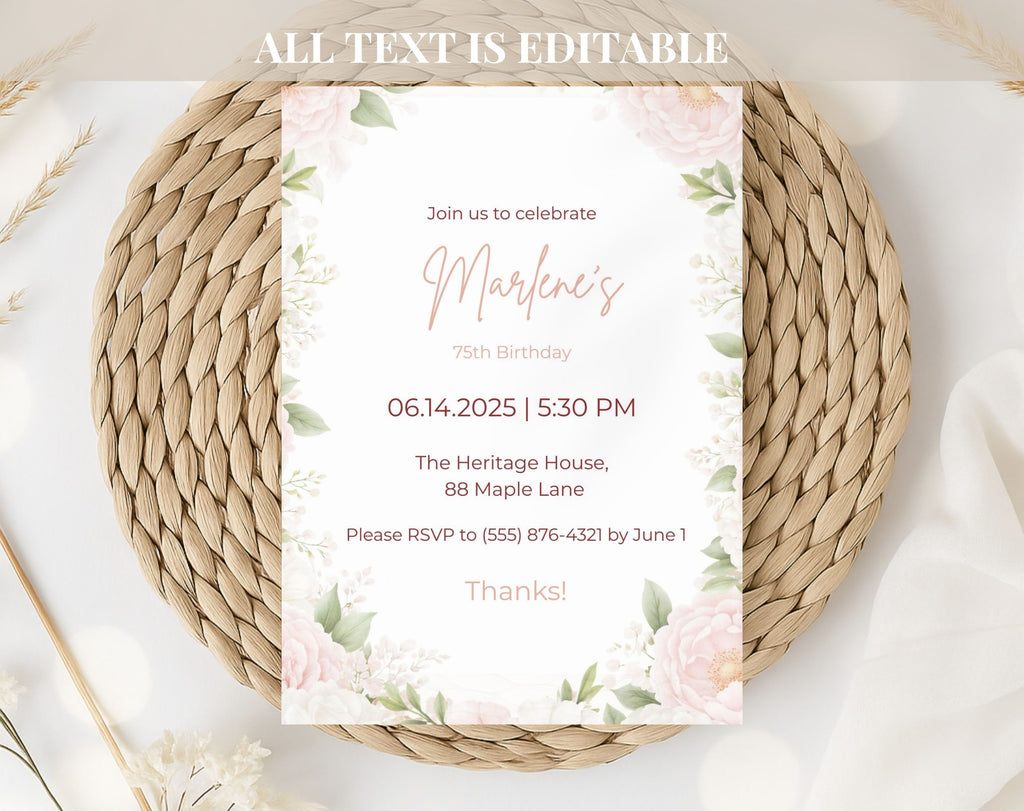 Blush Pink Floral 75th Birthday Invitation