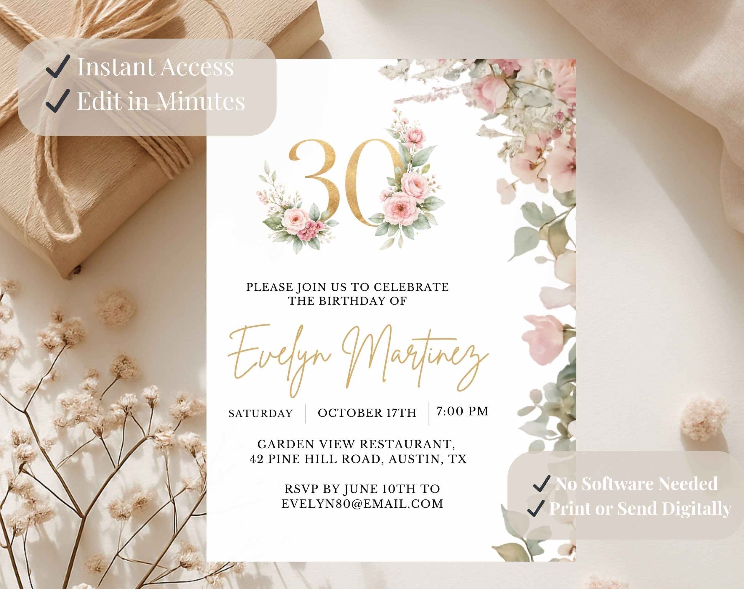 Elegant Floral 30th Birthday Invitation
