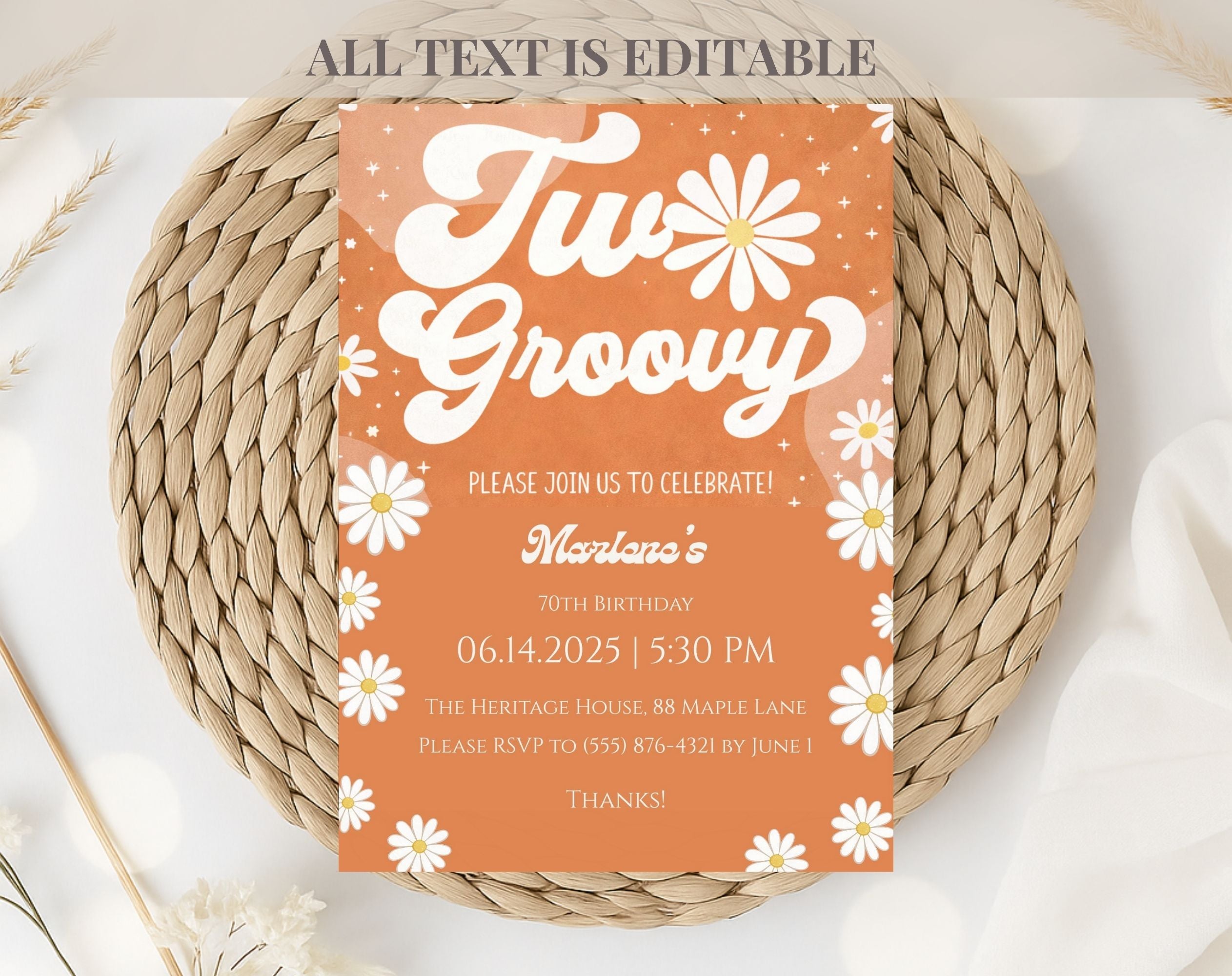 Orange Retro Groovy 70th Birthday Invitation
