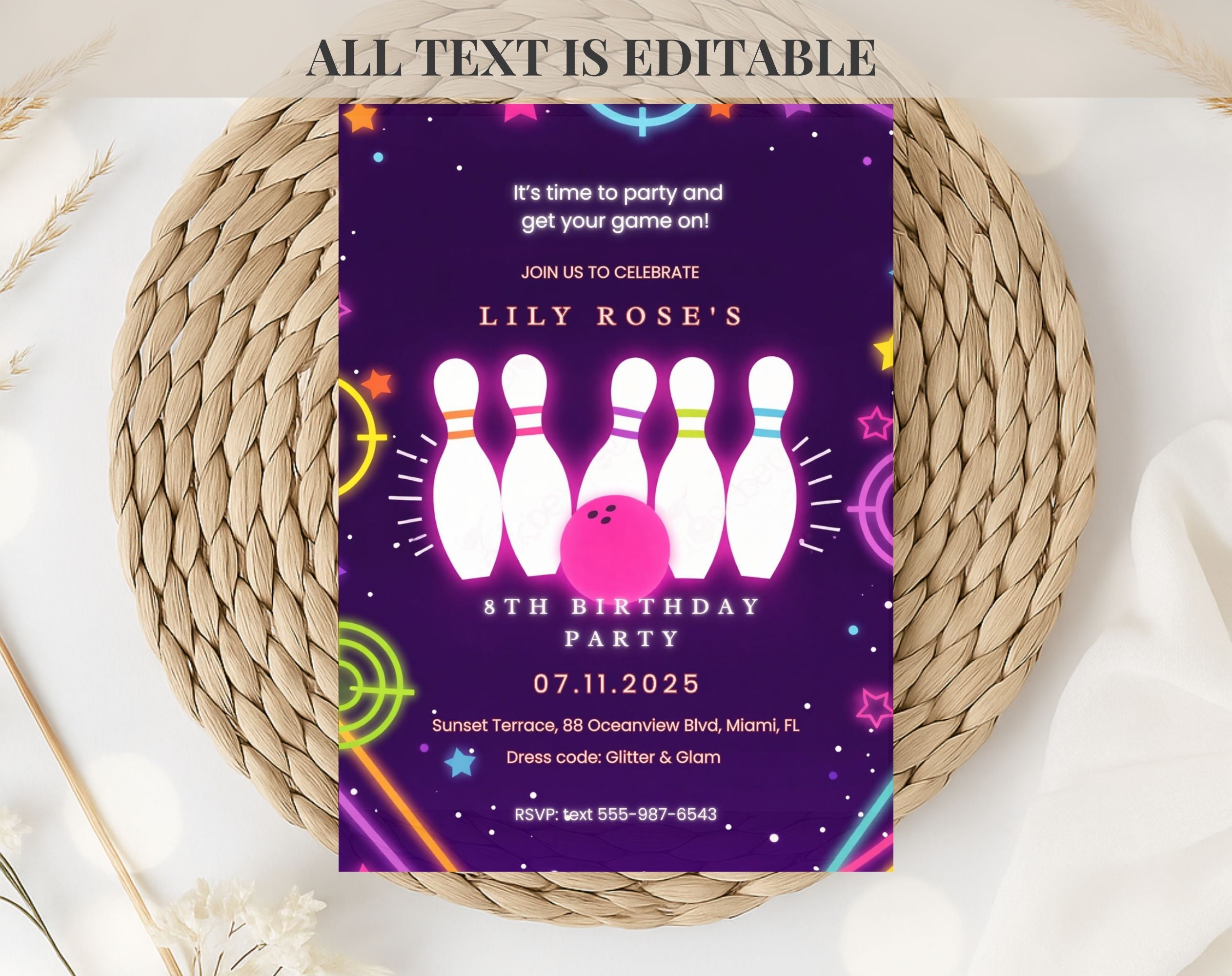 Purple Neon Bowling 8th Birthday Invitation