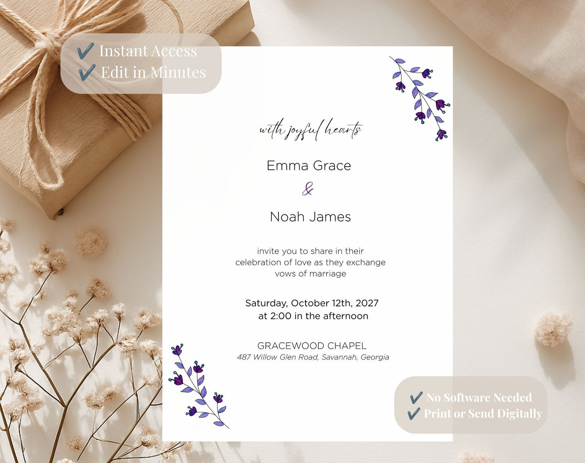 Elegant Purple Floral Wedding Invitation