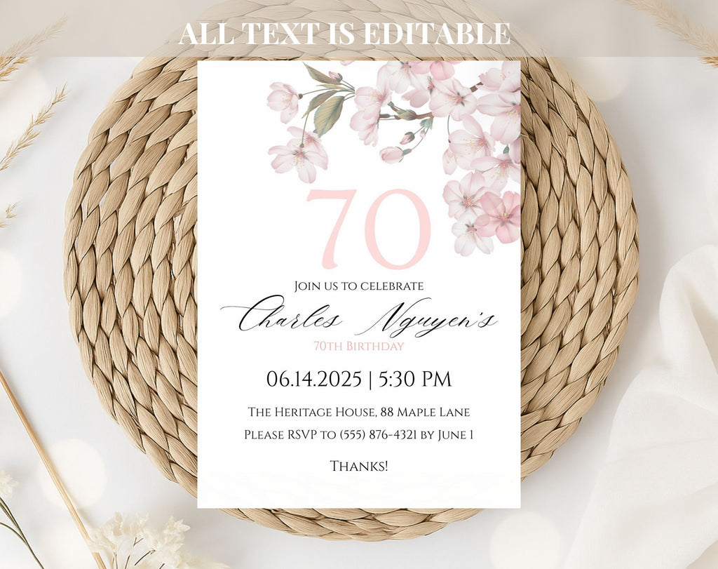 White Elegant Pink Cherry Blossom 70th Birthday Invitation