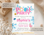 Pink Blue Pool Party 10th birthday Invitation
