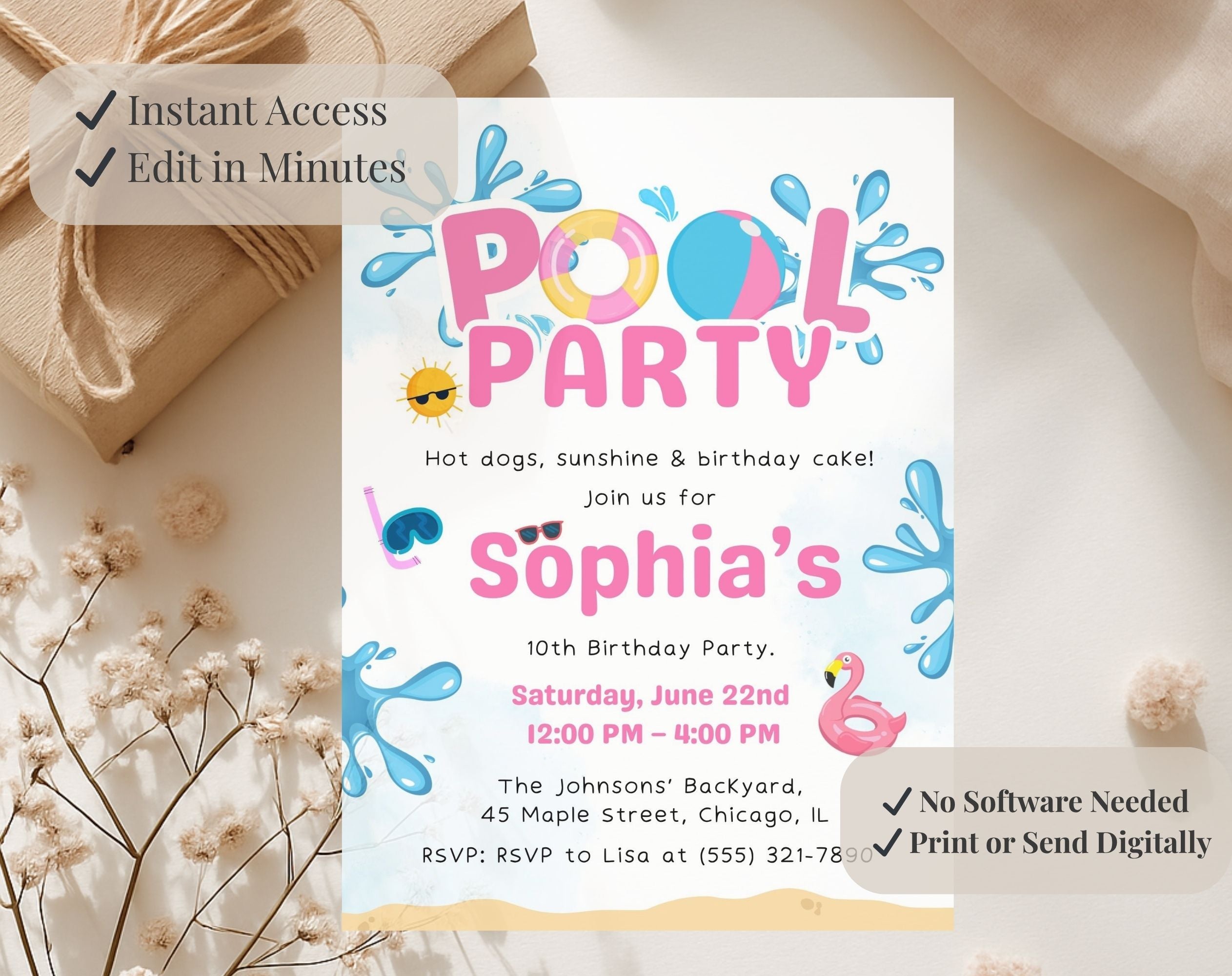 Pink Blue Pool Party 10th birthday Invitation
