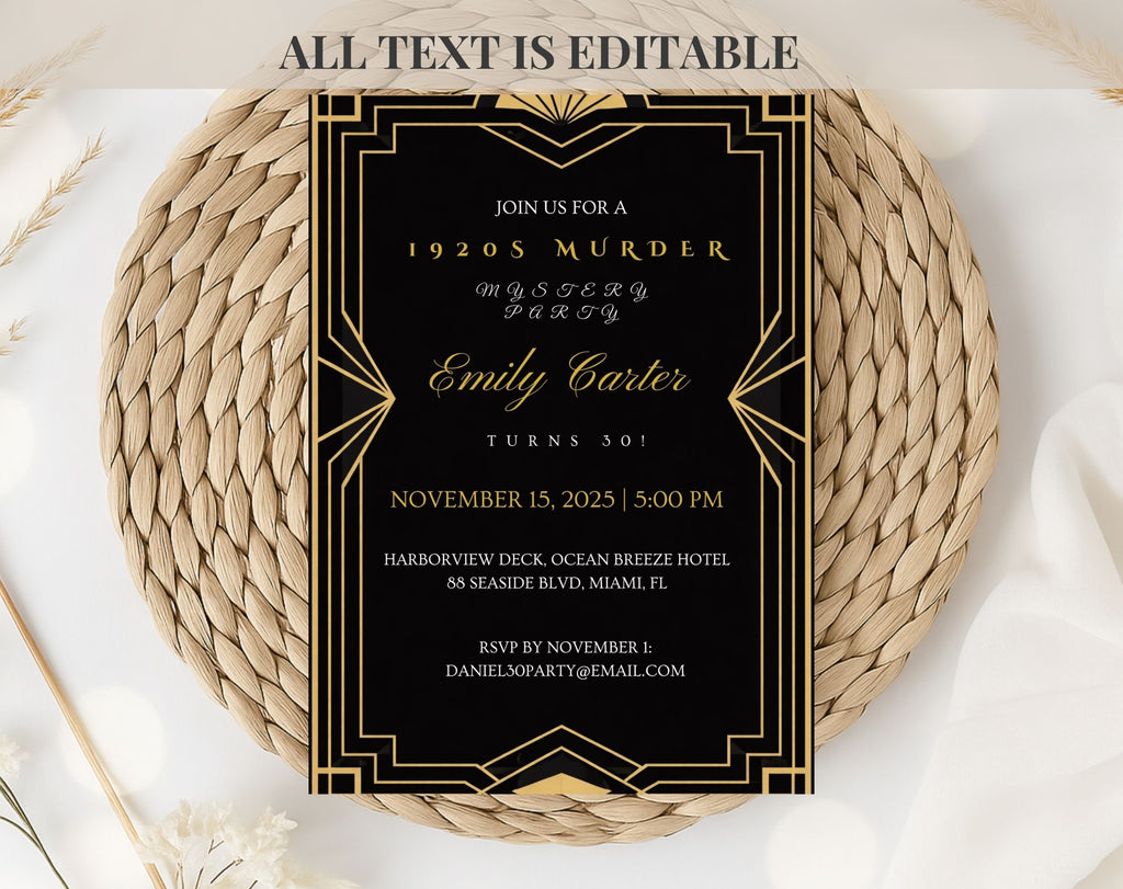 Black and Gold 1920s Murder Mystery 30th Birthday Invitation