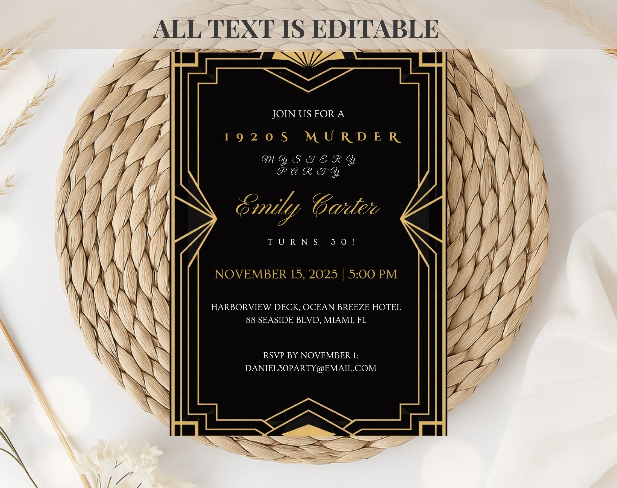 Black and Gold 1920s Murder Mystery 30th Birthday Invitation