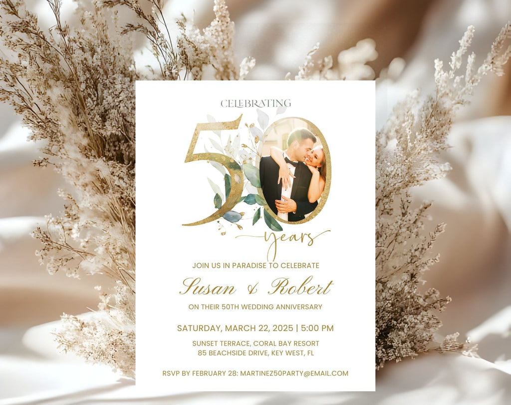 50th Wedding Anniversary Invitation Photo White Gold