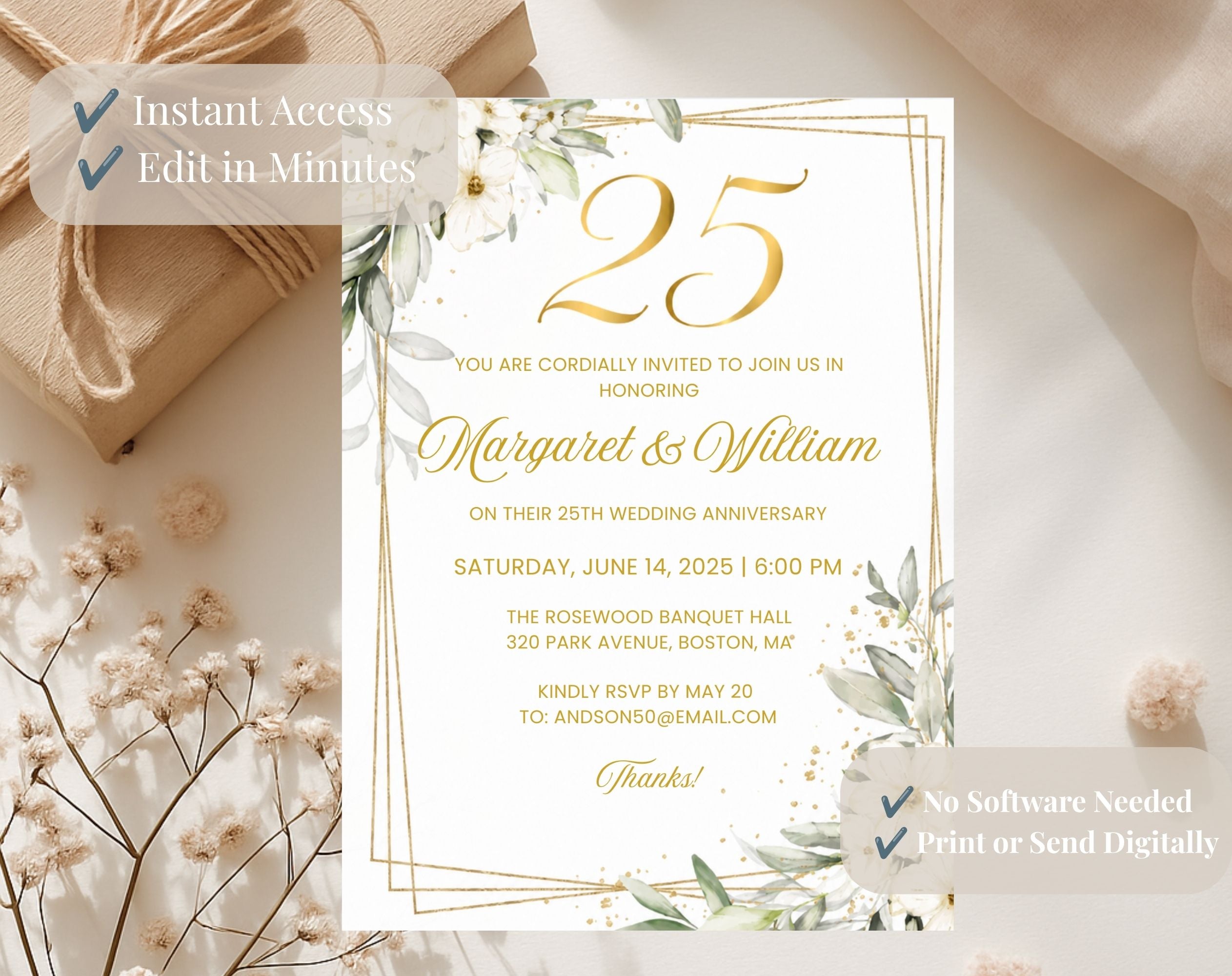 White Gold Floral 25th Wedding Anniversary Invitation