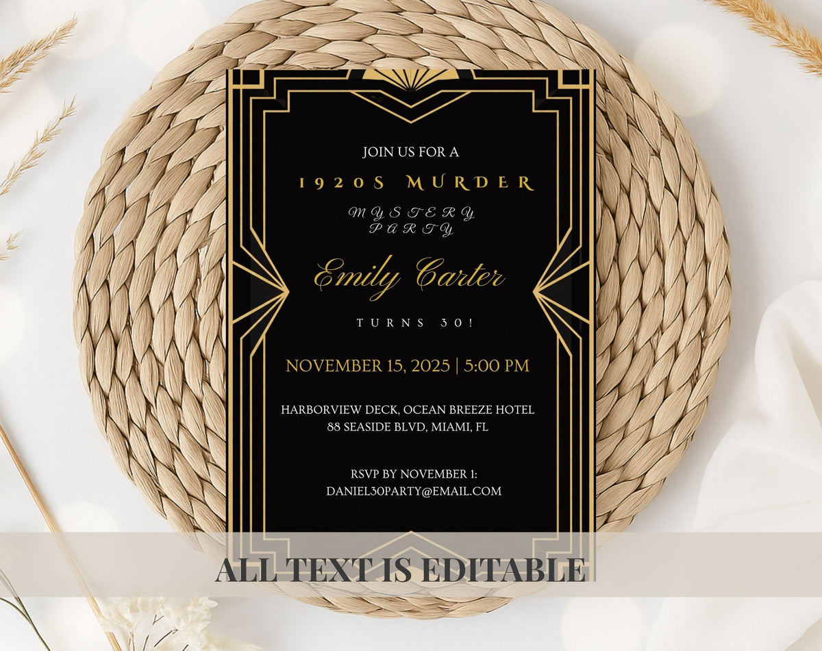Black and Gold 1920s Murder Mystery 30th Birthday Invitation