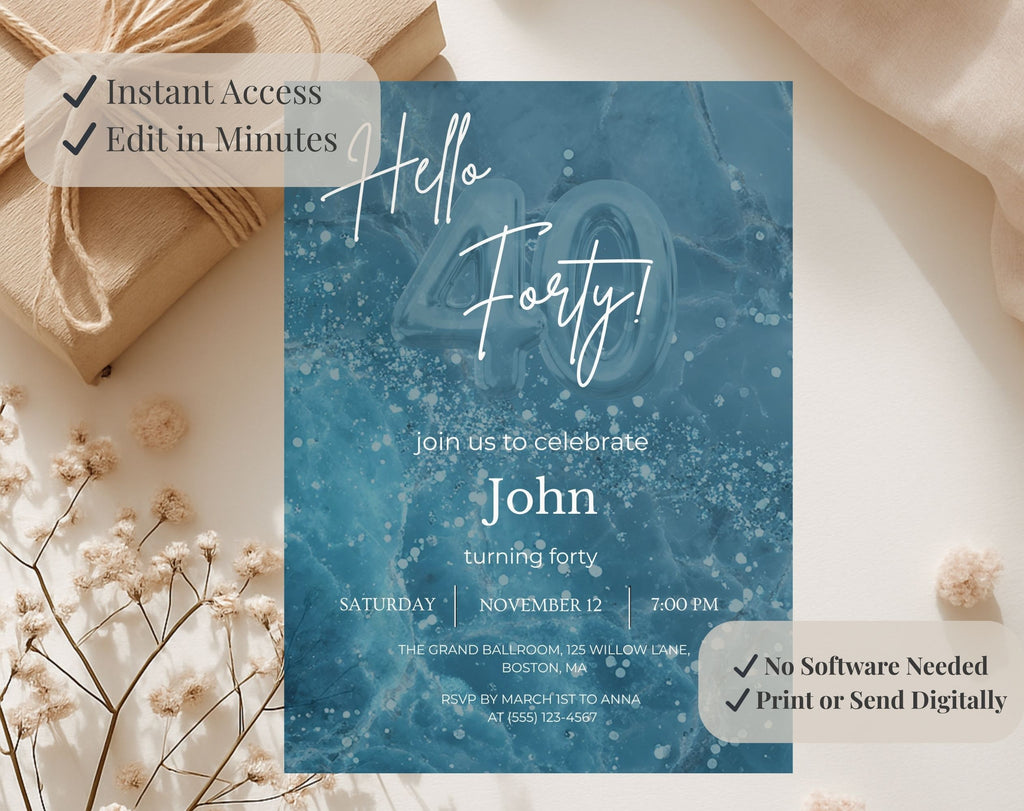 Modern Blue 40th Birthday Invitation