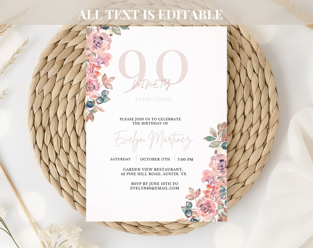 Blush Pink Floral 90th Birthday Invitation