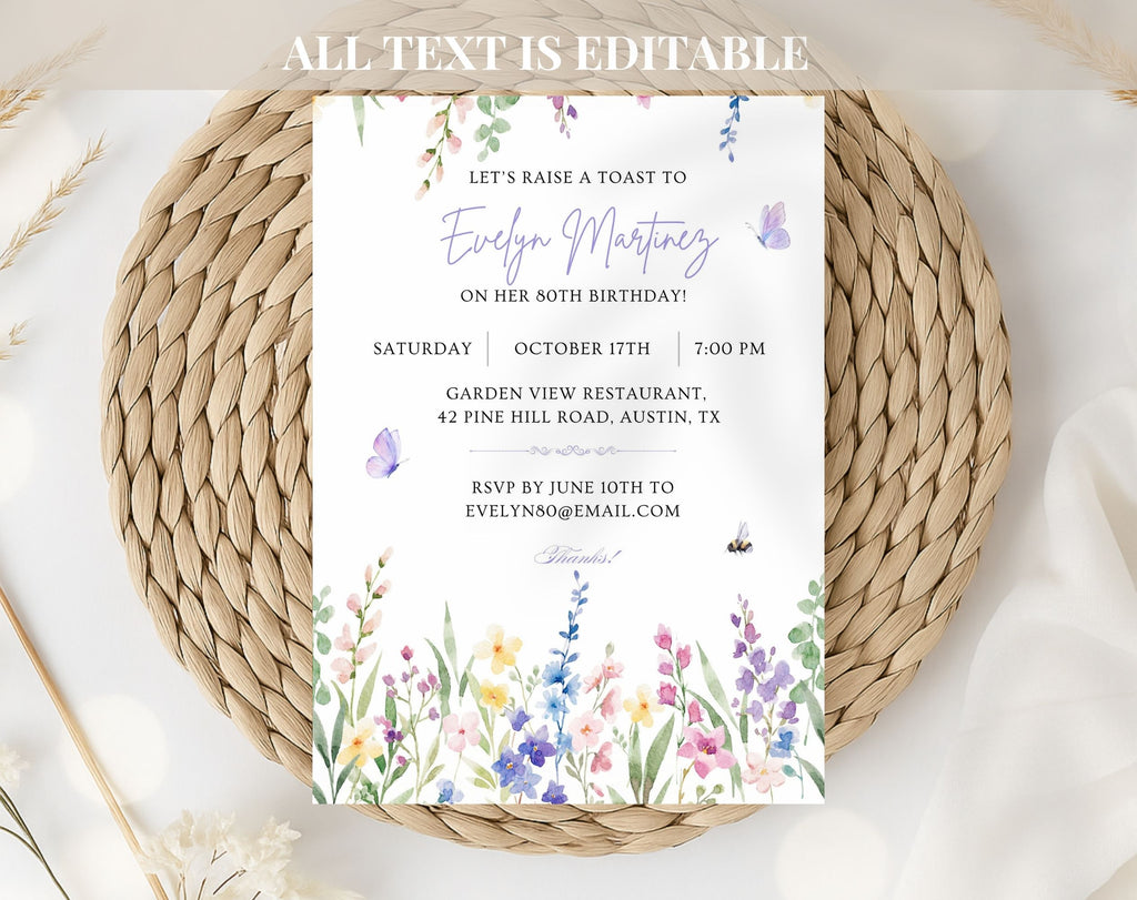 Floral 80th Birthday Invitation