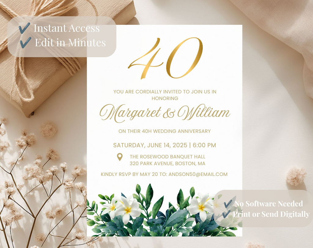 40th White Gold Wedding Anniversary Invitation
