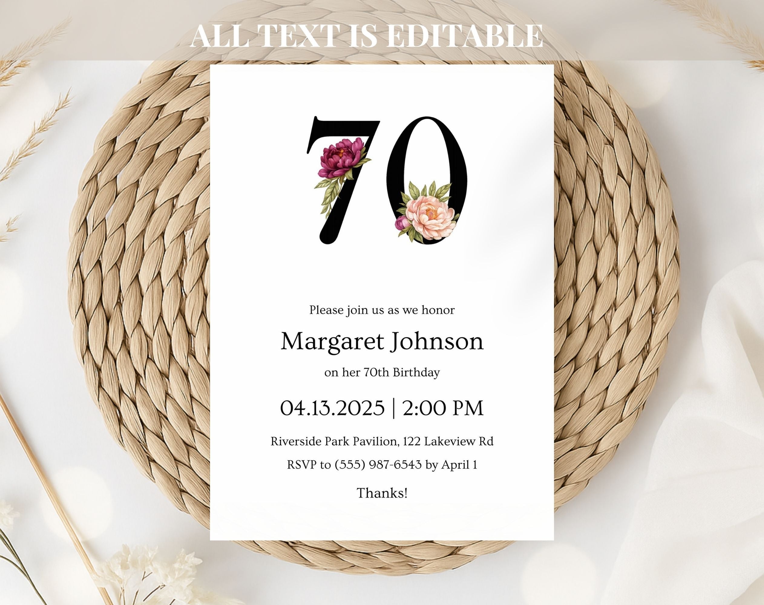 Black Elegant Floral 70th Birthday Invitation