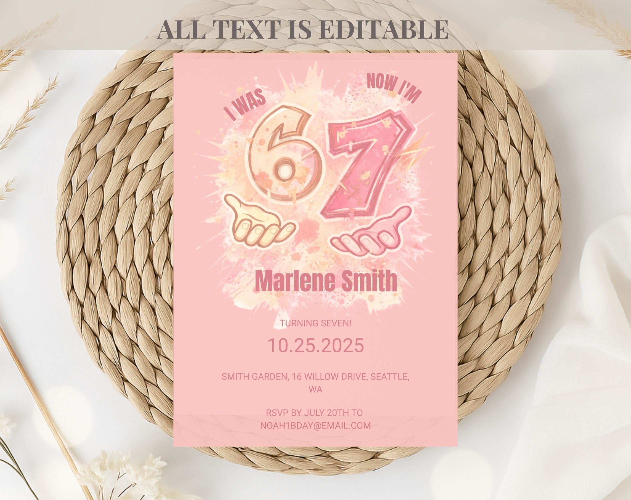 six seven Pink Kids 7th Birthday Invitation