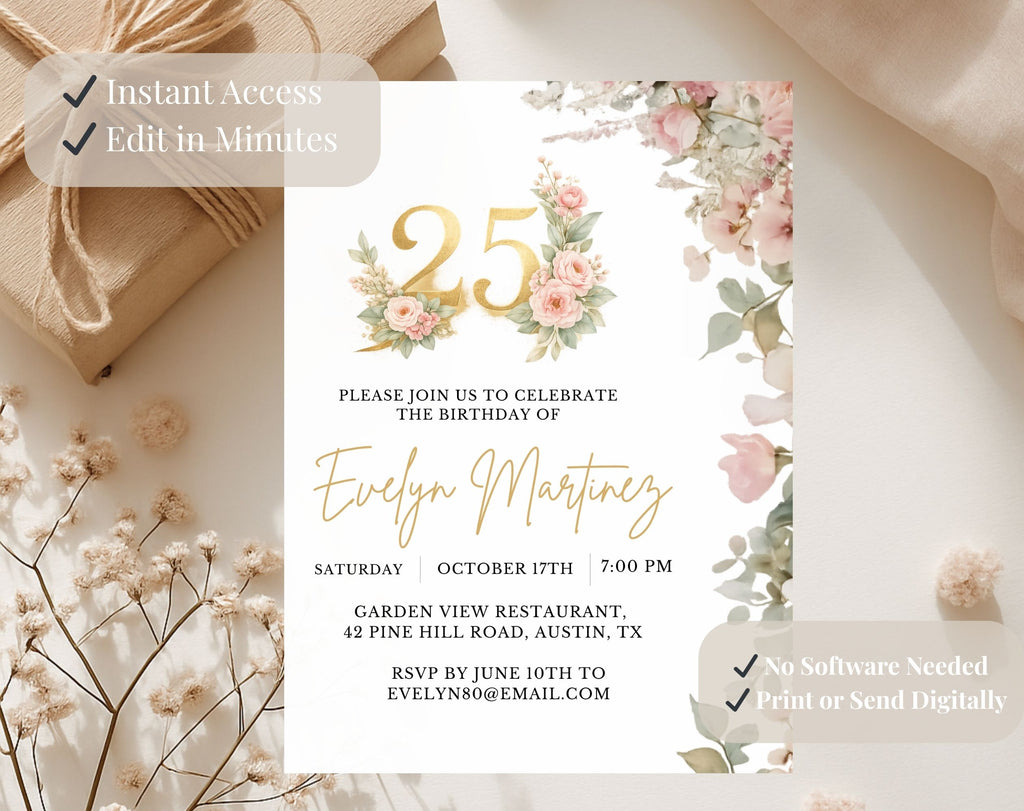 Elegant Floral 25th Birthday Invitation