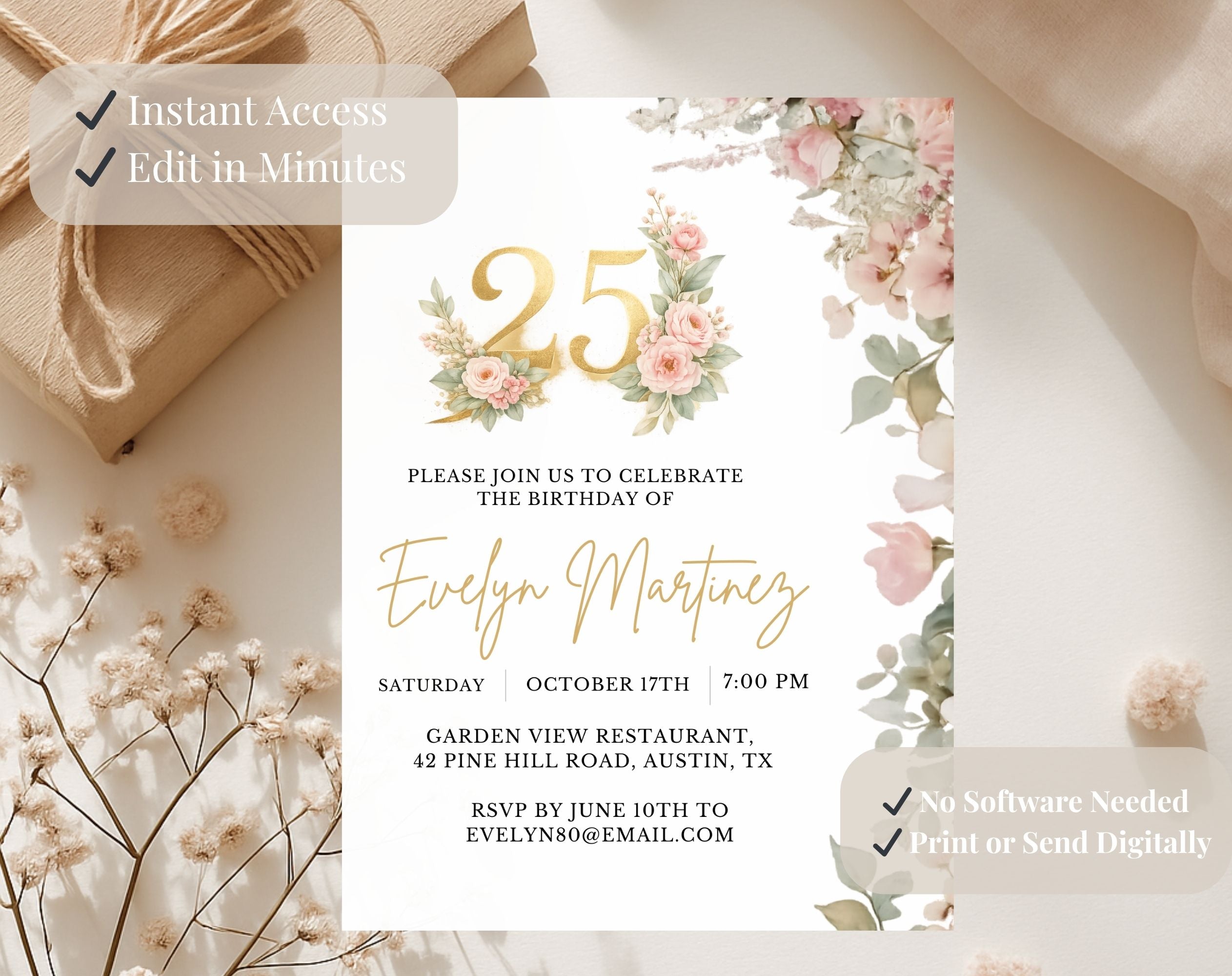 Elegant Floral 25th Birthday Invitation