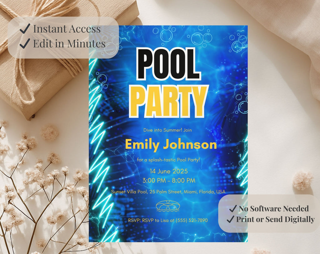 Blue Neon Pool  birthday Party Invitation