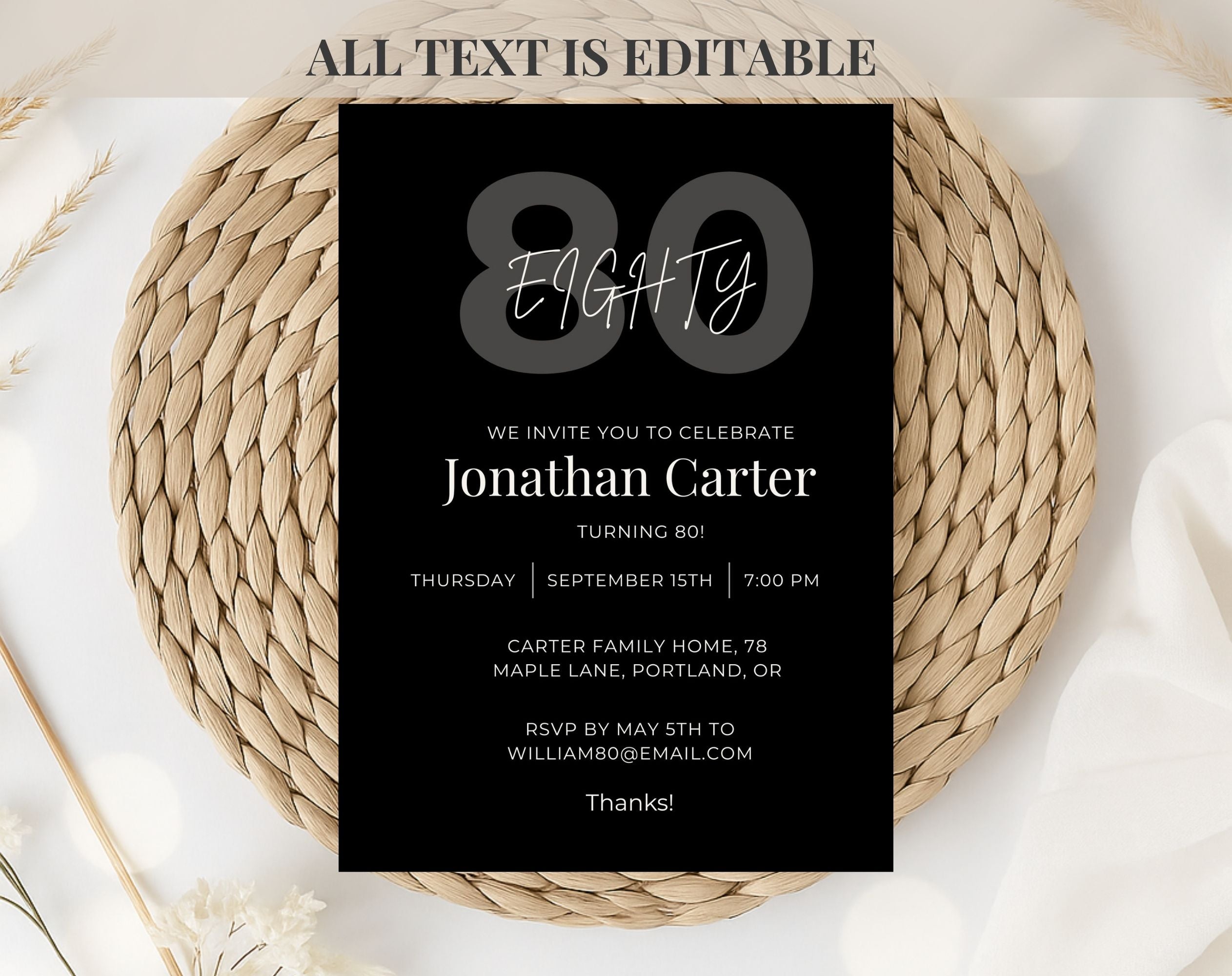 Black 80th Birthday Invitation Template