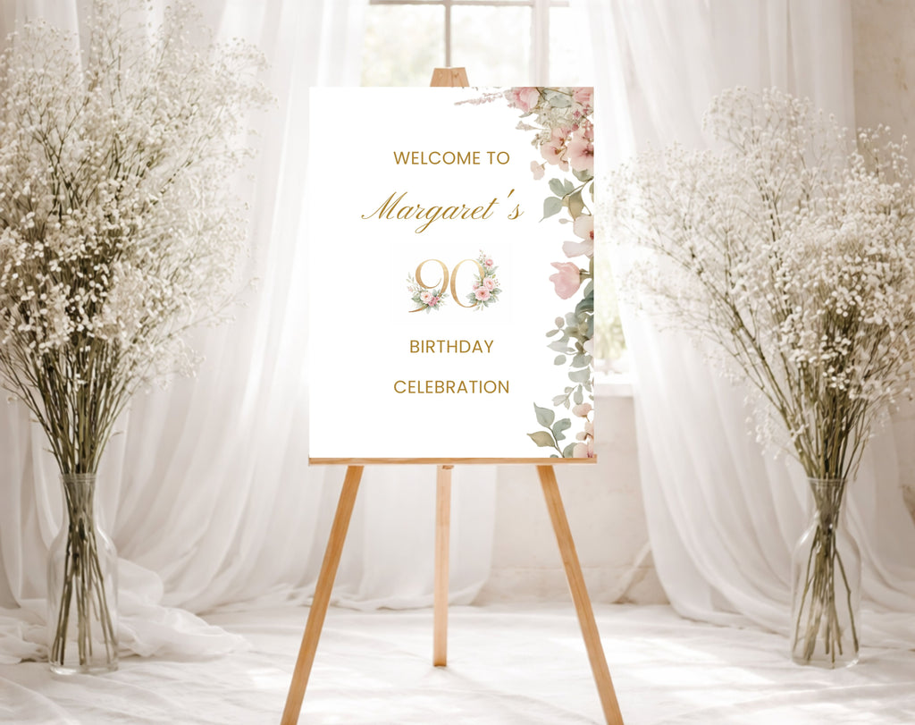 Elegant Pink 90th Birthday Welcome Sign