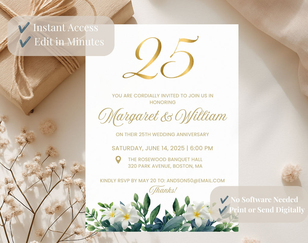 25th White Gold Wedding Anniversary Invitation