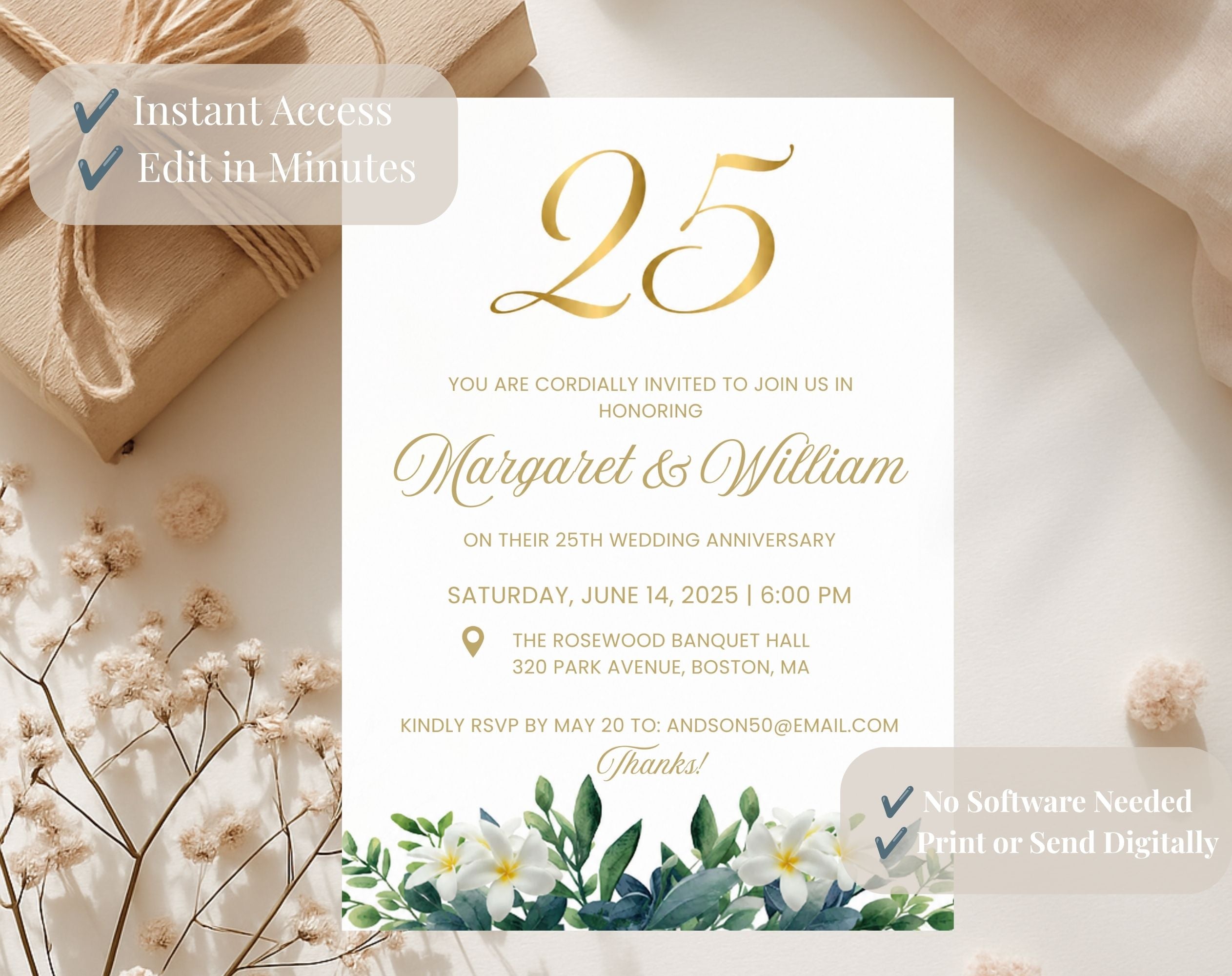 25th White Gold Wedding Anniversary Invitation