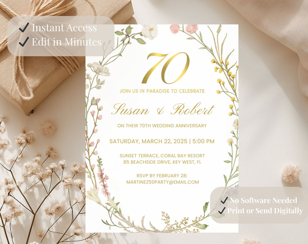 Elegant Floral 70th Wedding Anniversary Invitation