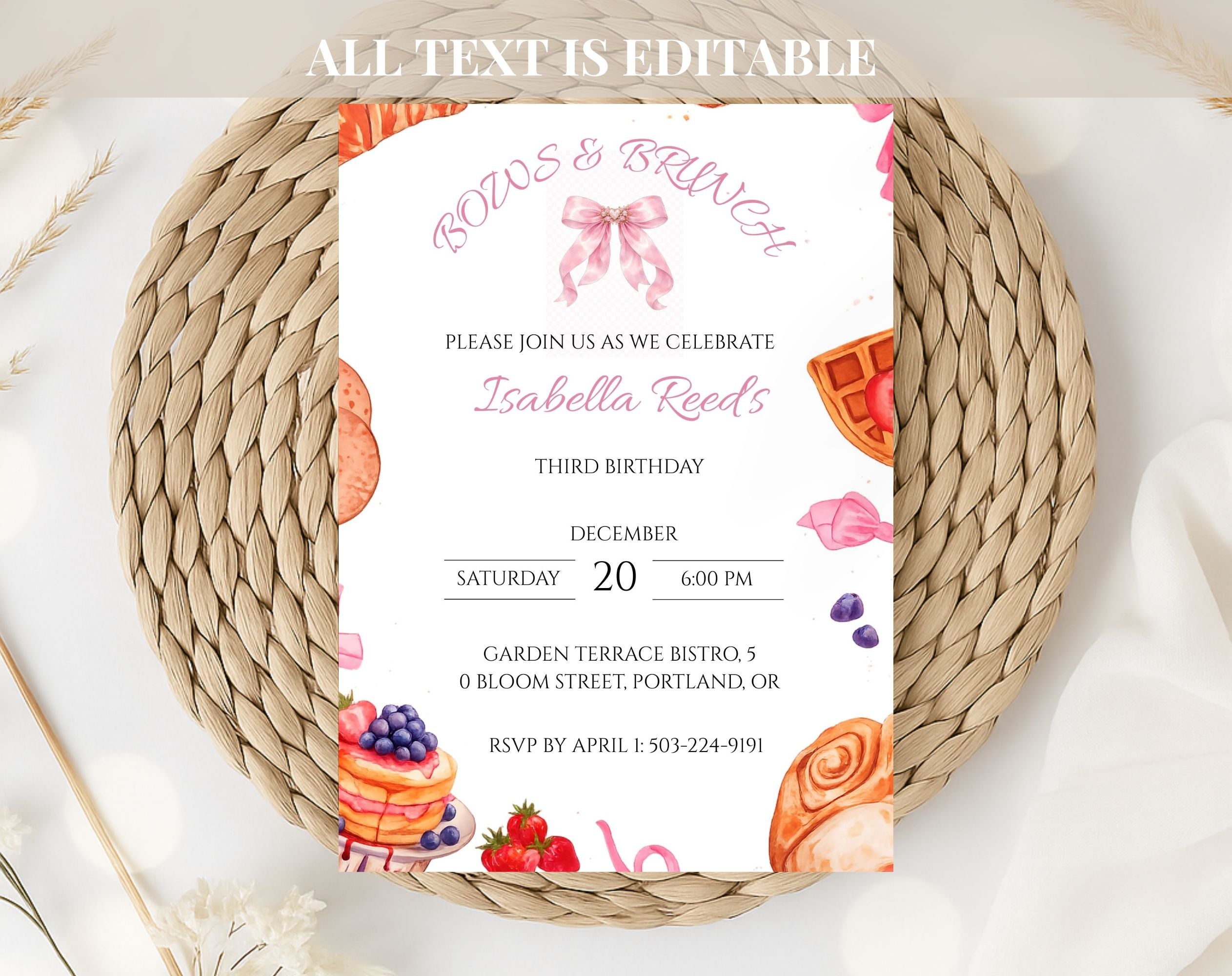 Pink Bows Brunch Birthday Invitation