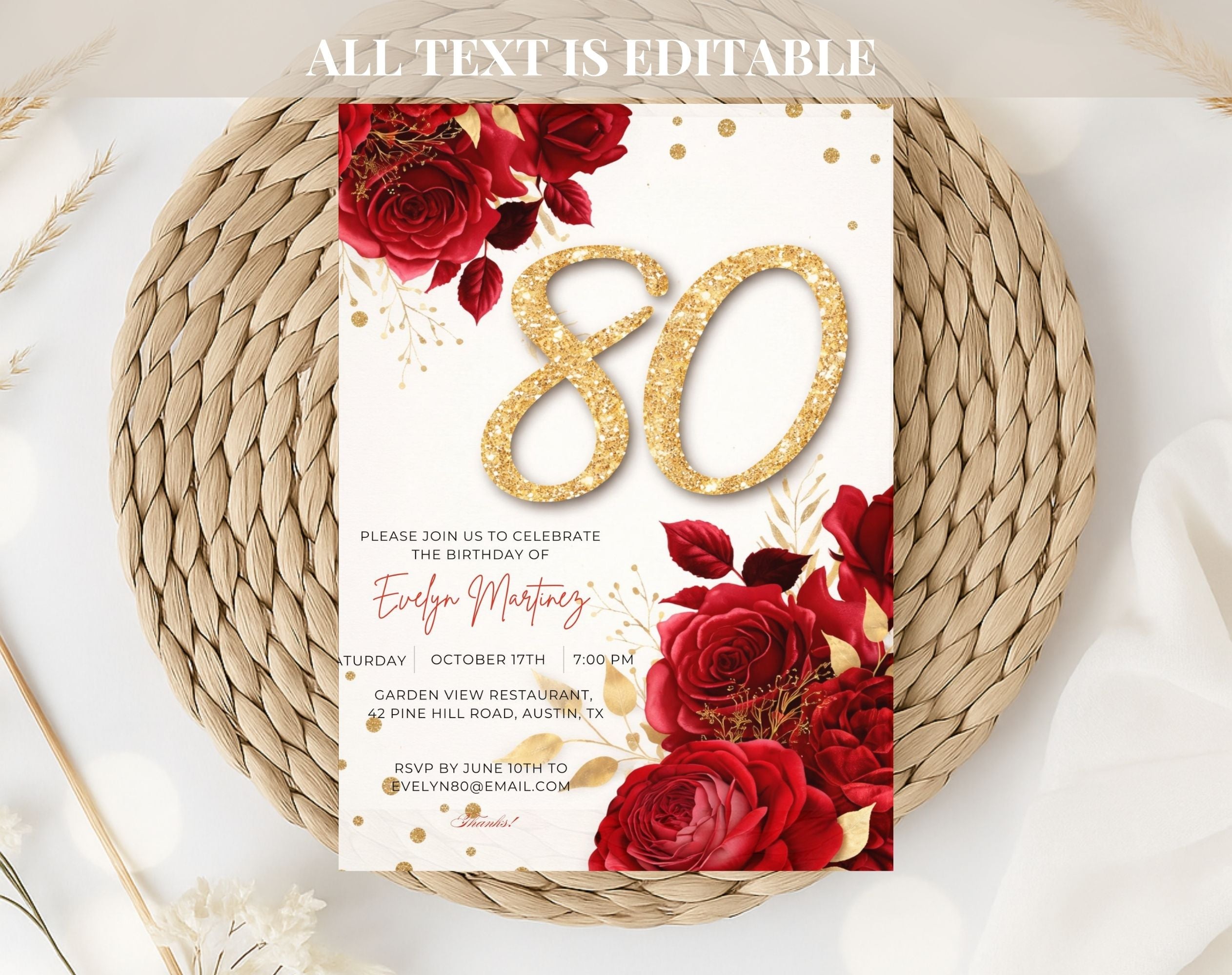 Elegant Floral Red and Gold 80th Birthday Invitation