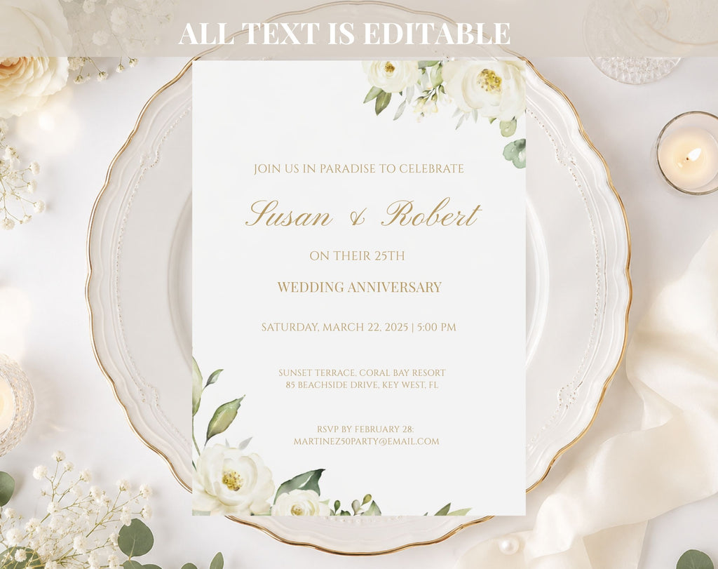 White Gold Floral 25th Wedding Anniversary